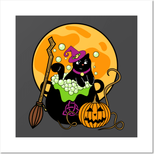 Witch Cat with Broomstick and Cauldron for Halloween Posters and Art